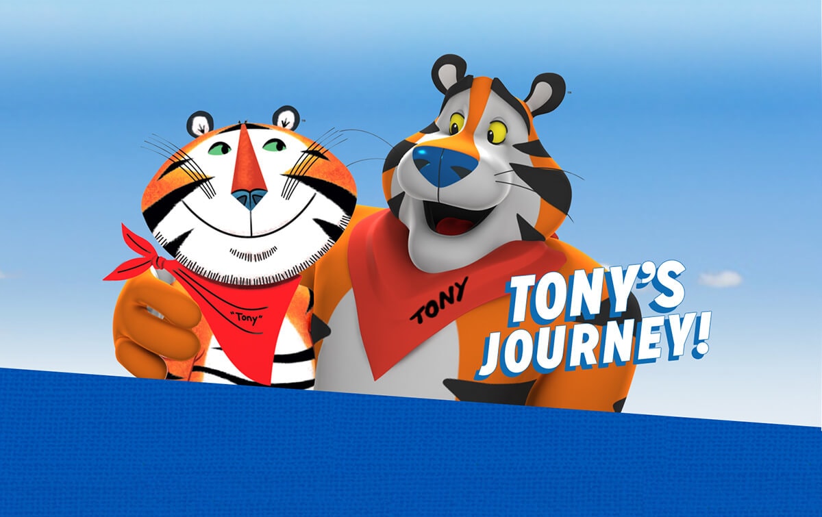 Picture of Tony the Tiger, advertising cartoon mascot for Kellogg's Frosted Flakes (​also known as Frosties) breakfast cereal.