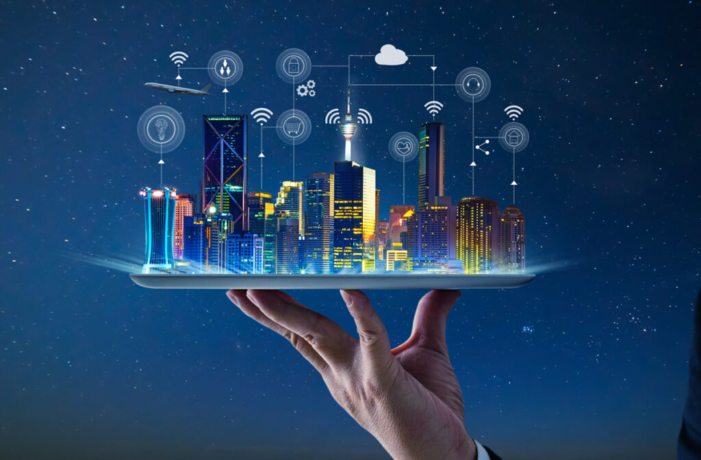 Waiter hand holding an empty digital tablet with Smart city
