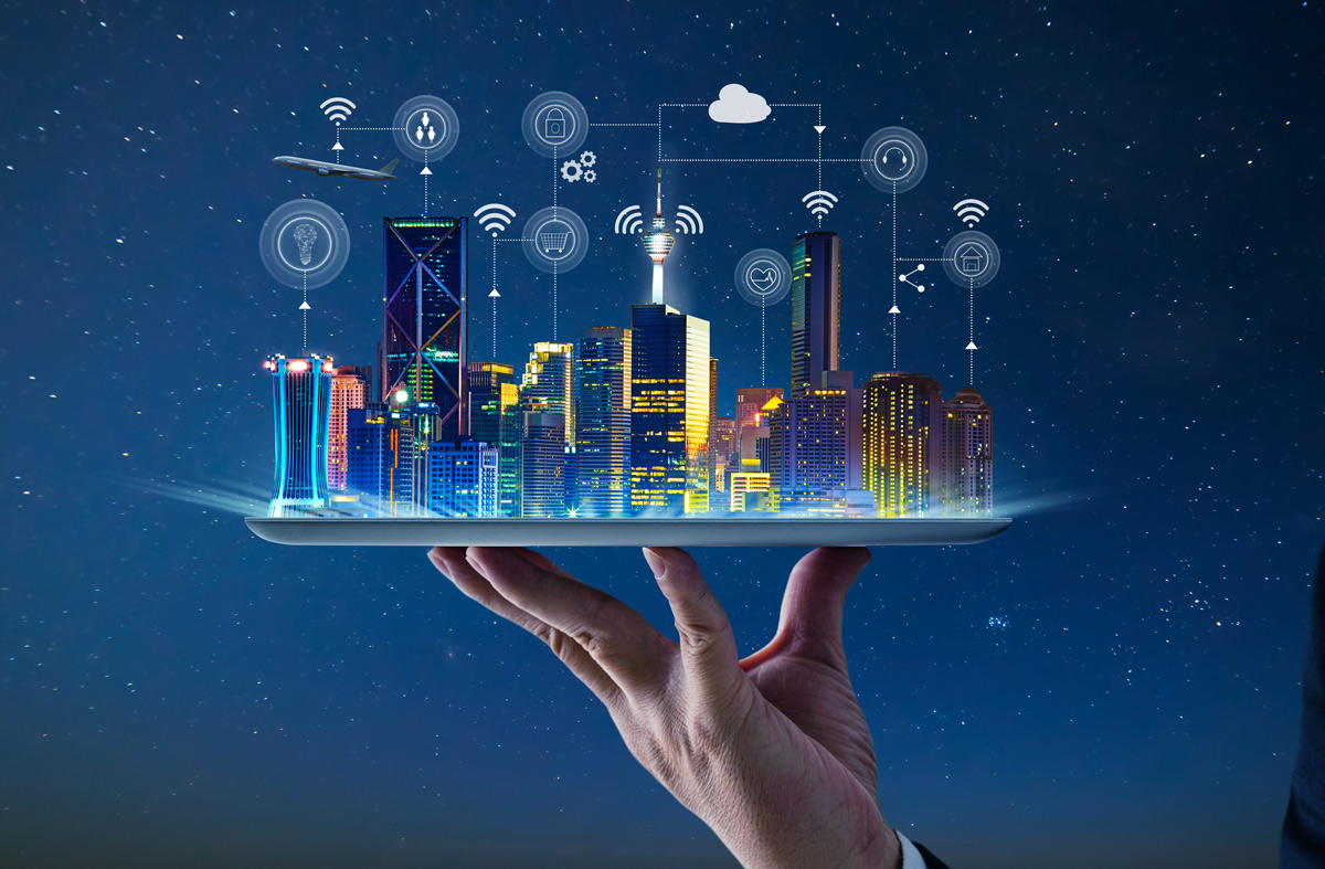 Waiter hand holding an empty digital tablet with Smart city