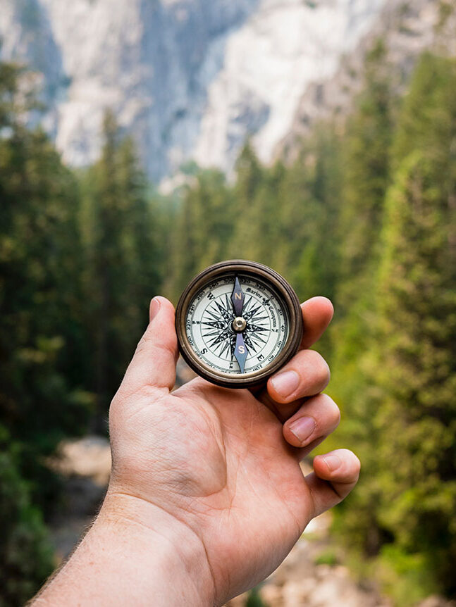 ©Jamie Street / Unsplash Person holding compass facing towards green pine trees, ©Jamie Street / Unsplash