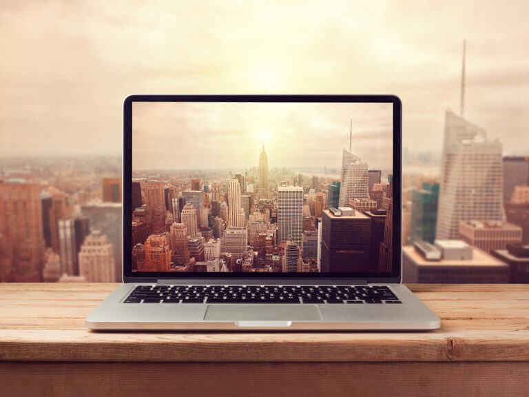 Computer in office dominating New York