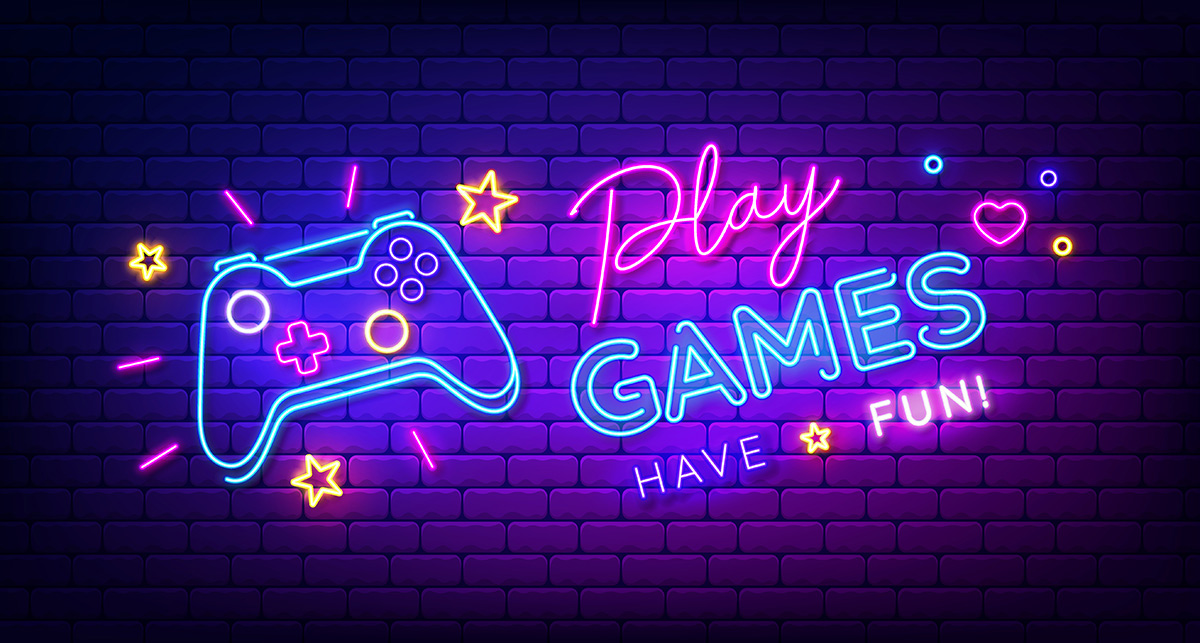 Play Games have fun neon sign with game pad, bright signboard, light banner.