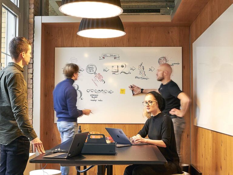 Photo of the Maschinenraum community brainstorming together in a room with a whiteboard.