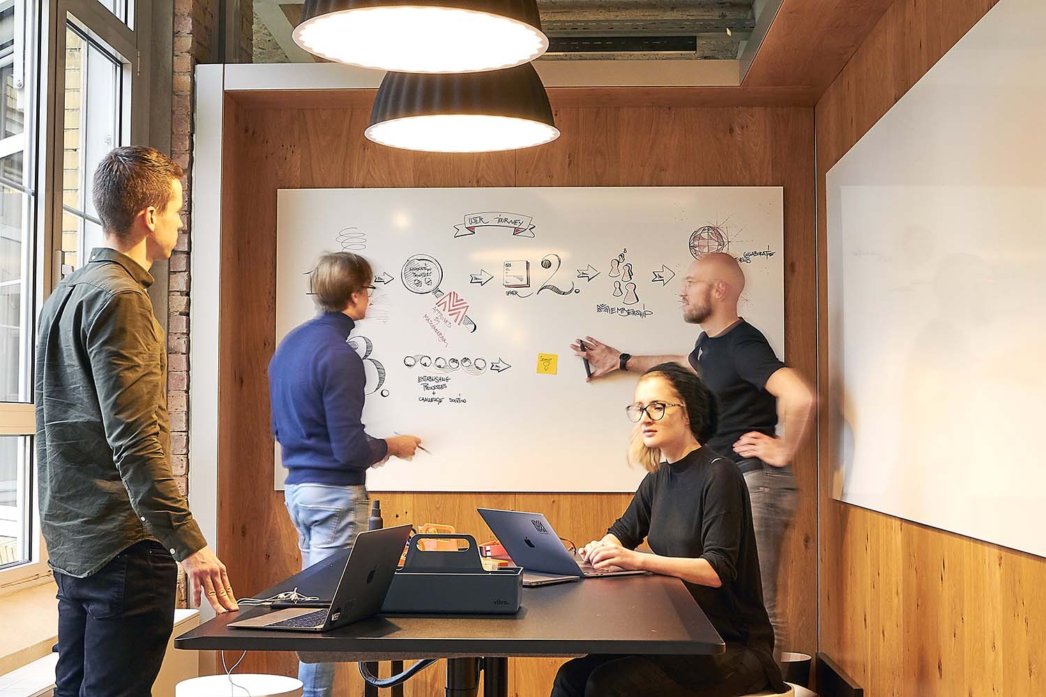 Photo of the Maschinenraum community brainstorming together in a room with a whiteboard.