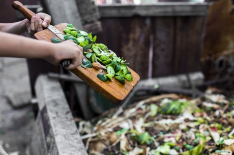 Hands throwing out kitchen waste from the cutting board