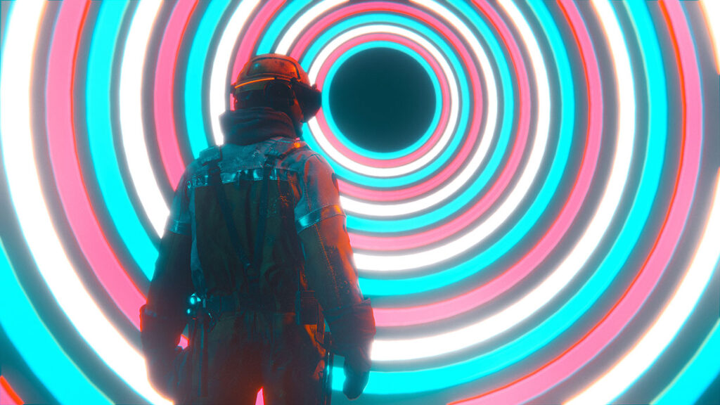 Man with headwear stands in front of spiral portal. Concept of the metaverse. © Mikkelwilliam / Istock