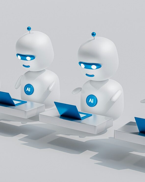 A line of 4 robots with AI written on their chest sit in front of computers