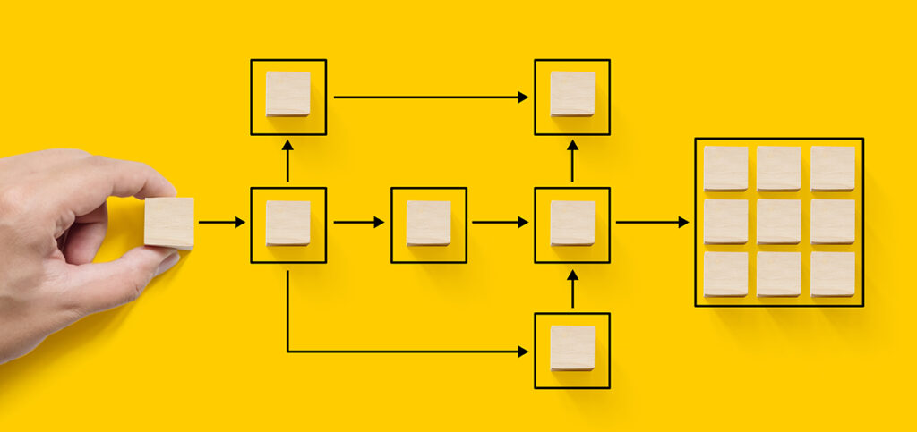 Hand holding wooden cube block arranging processing management on yellow background