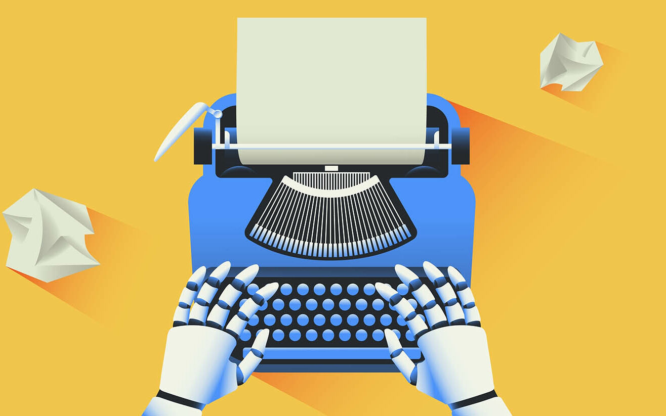 © Moor Studio / Shutterstock Robot typing text on a typewriter. Artificial intelligence generated text and future of journalism concept. Vector illustration.