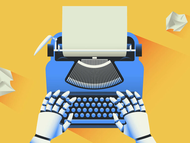 Robot typing text on a typewriter. Artificial intelligence generated text and future of journalism concept. Vector illustration.
