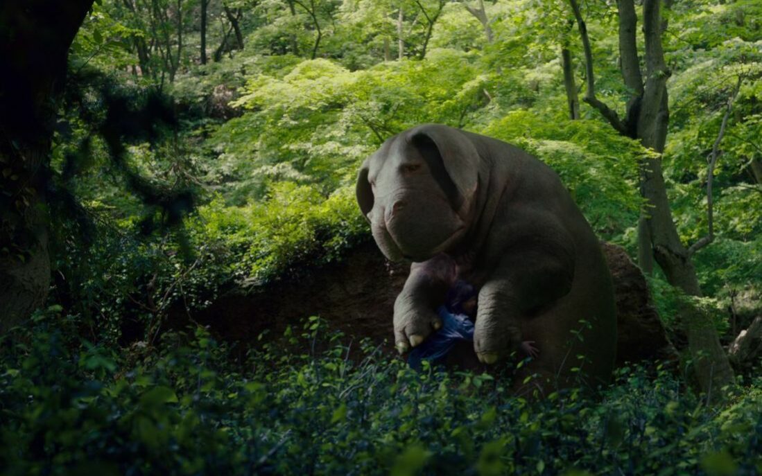 Okja, a 2017 action-adventure film directed by Bong Joon-ho Photo from the film Okja depicting the super pig and the little girl hugging