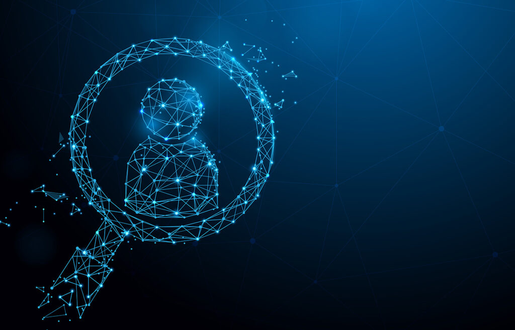 Magnifying glass with human icon form lines, triangles and particle style design.