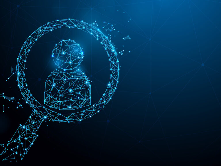 Magnifying glass with human icon form lines, triangles and particle style design.