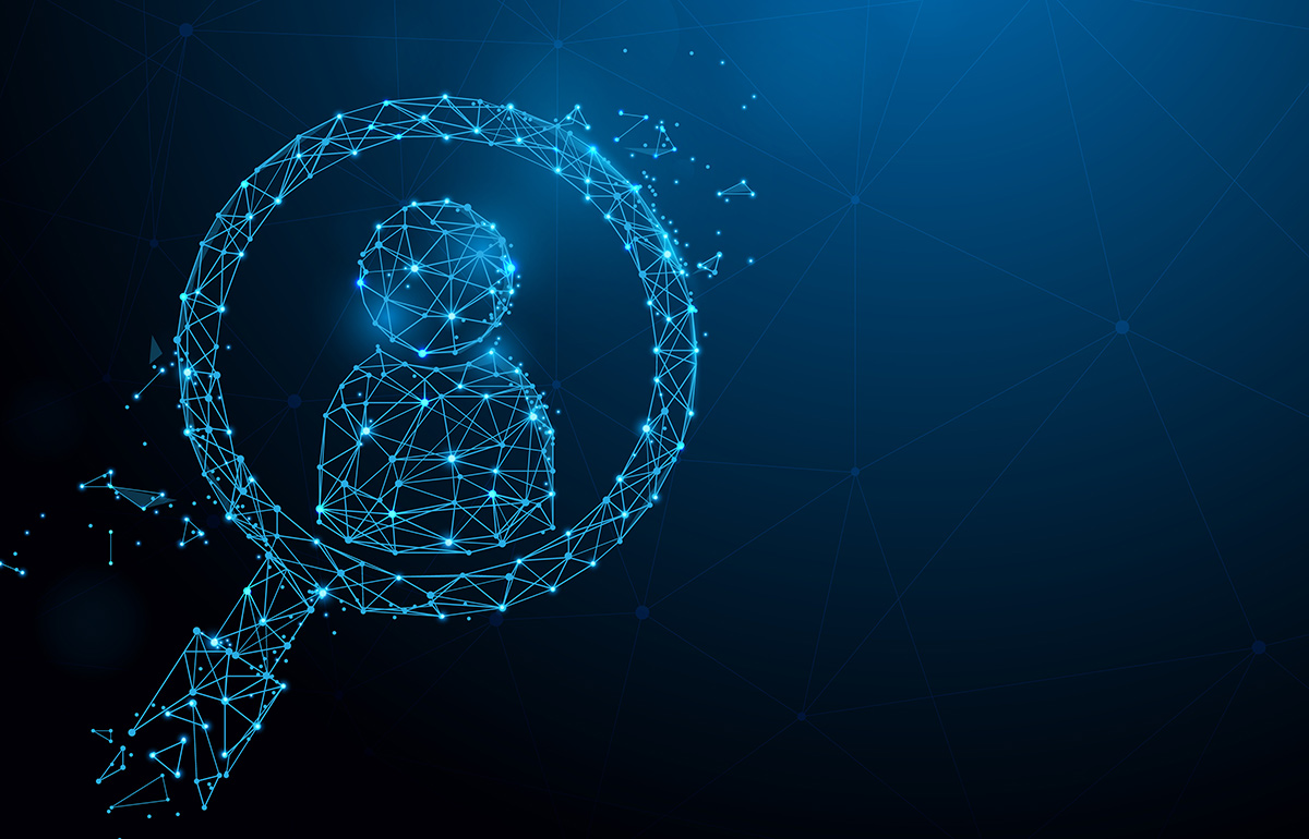 Magnifying glass with human icon form lines, triangles and particle style design.