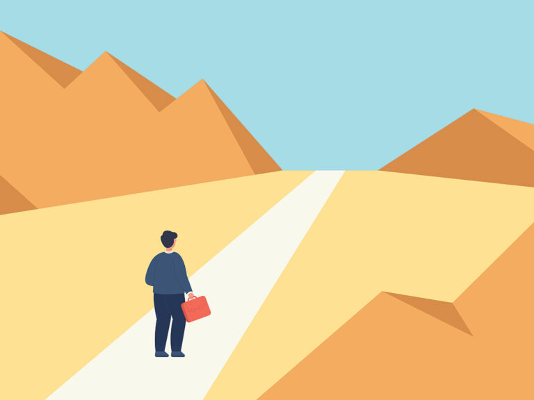 Businessman standing on long road, starting journey ahead.