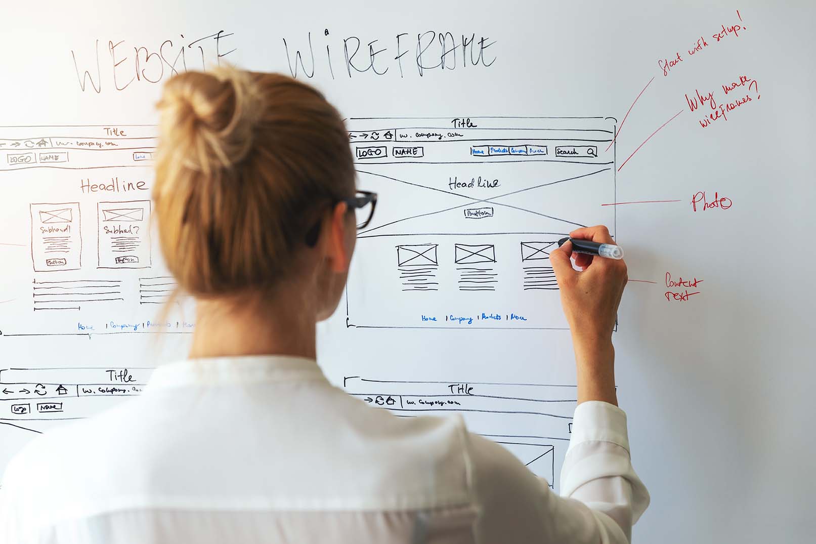 UI UX designer drawing new website wireframe