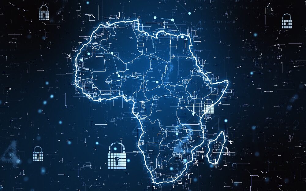 ©Golden Dayz / Shutterstock Cybersecurity concept with a digital map of Africa with locks and shimmering lines.