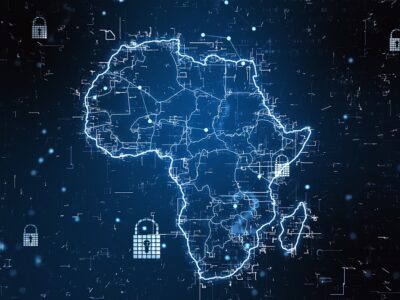 Cybersecurity concept with a digital map of Africa with locks and shimmering lines.