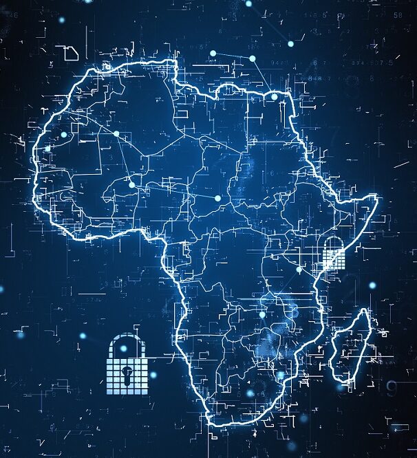 ©Golden Dayz / Shutterstock Cybersecurity concept with a digital map of Africa with locks and shimmering lines.