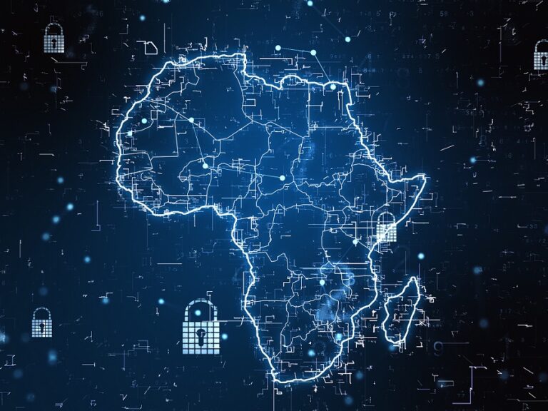 Cybersecurity concept with a digital map of Africa with locks and shimmering lines.