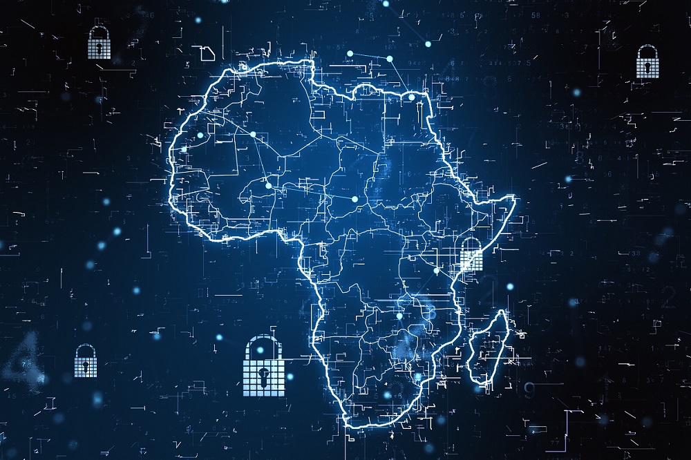 Cybersecurity concept with a digital map of Africa with locks and shimmering lines.