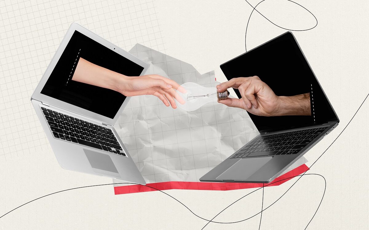 ©Roman Samborskyi / Shutterstock In digital art that looks like a collage, two hands reach out of two different laptop screens and one hand is passing a lightbulb to the other one,
