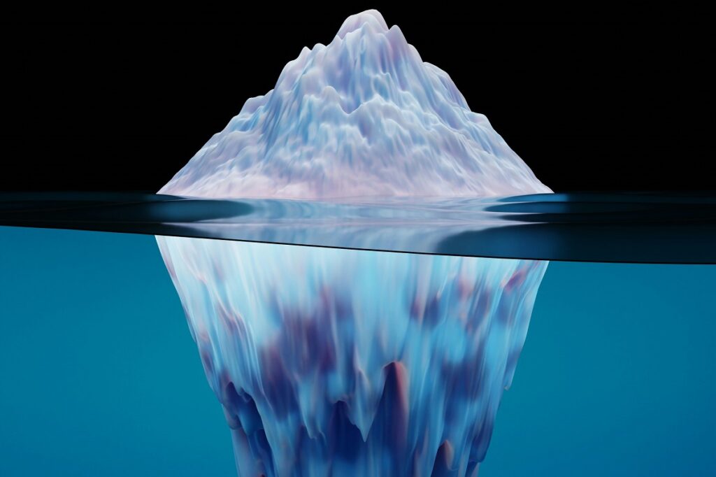 A picture of an iceberg where we can clearly see all of the iceberg that is hidden below the surface