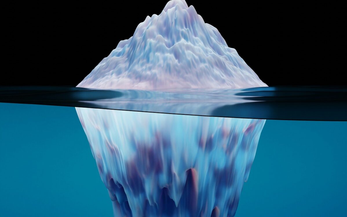 A picture of an iceberg where we can clearly see all of the iceberg that is hidden below the surface