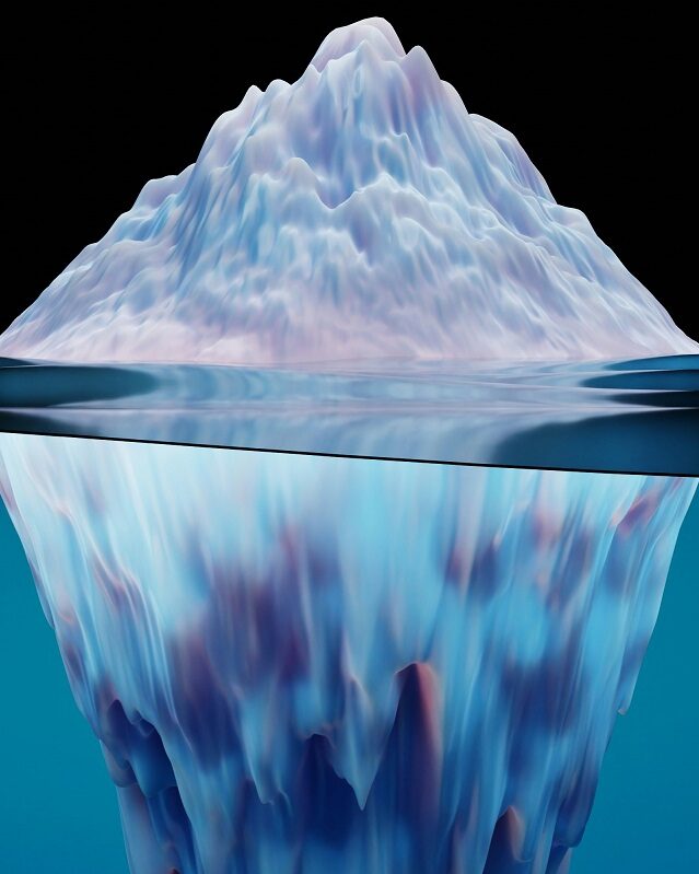 A picture of an iceberg where we can clearly see all of the iceberg that is hidden below the surface