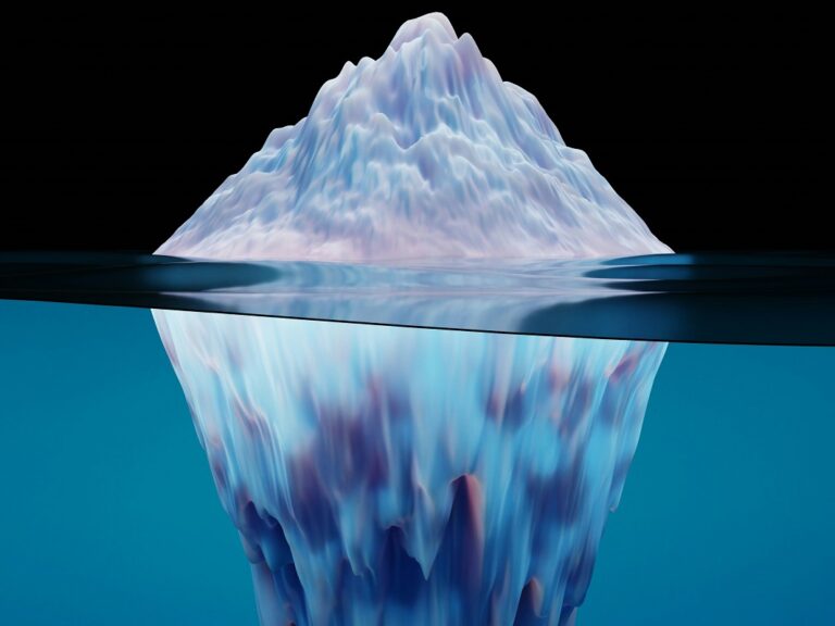 A picture of an iceberg where we can clearly see all of the iceberg that is hidden below the surface