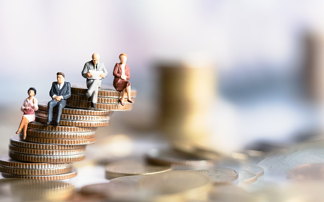 TimeShops – AdobeStock Miniature people: Elderly people sitting on coins stack.