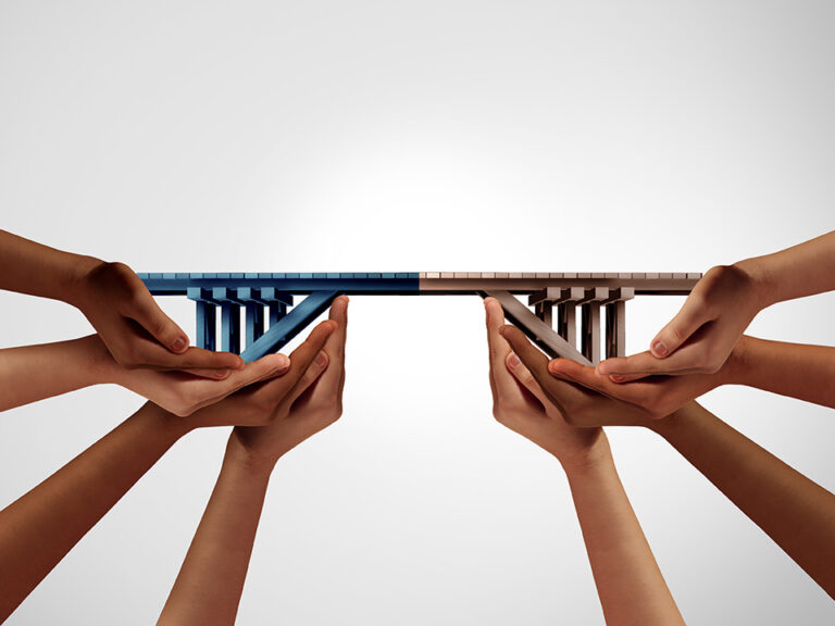 Group bridge concept and building connections as a business success by joining teams together with 3D illustration.