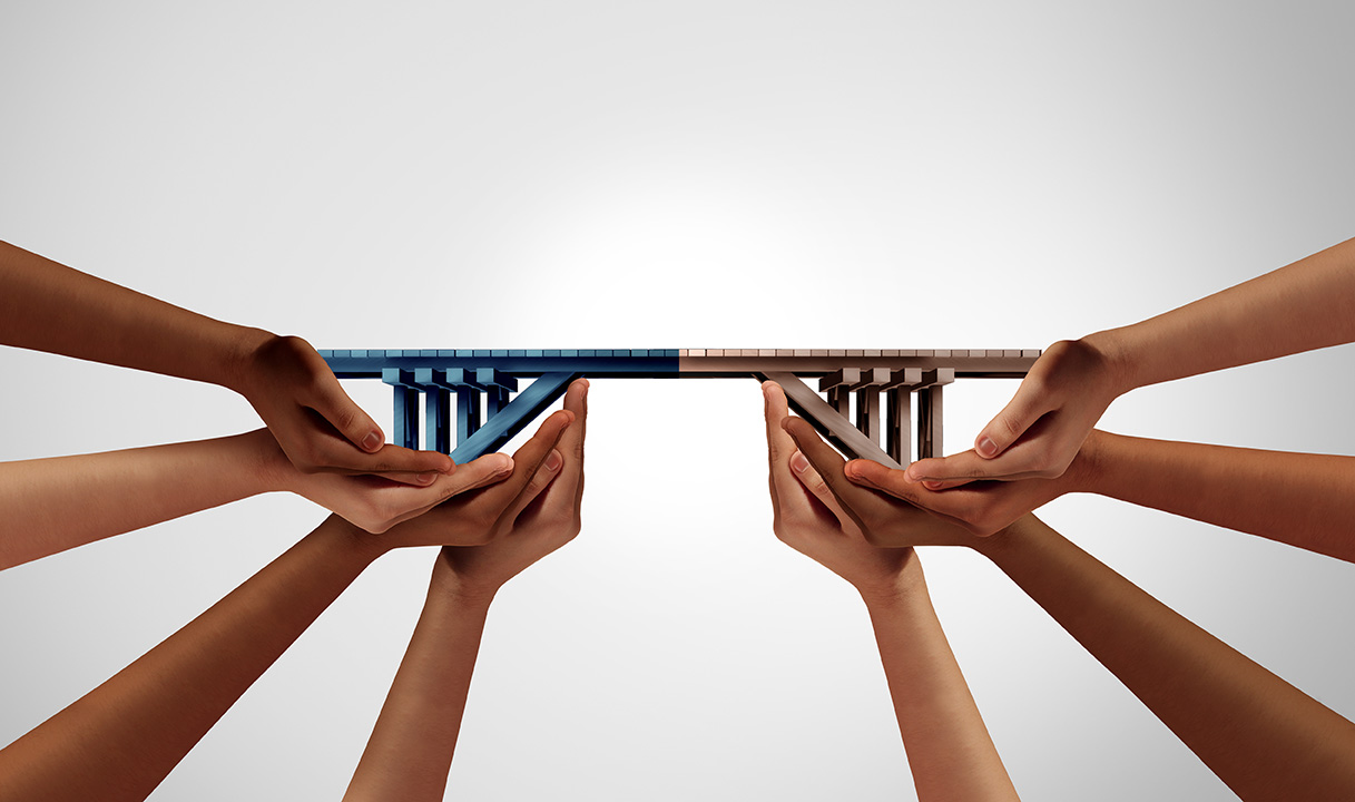 Group bridge concept and building connections as a business success by joining teams together with 3D illustration.