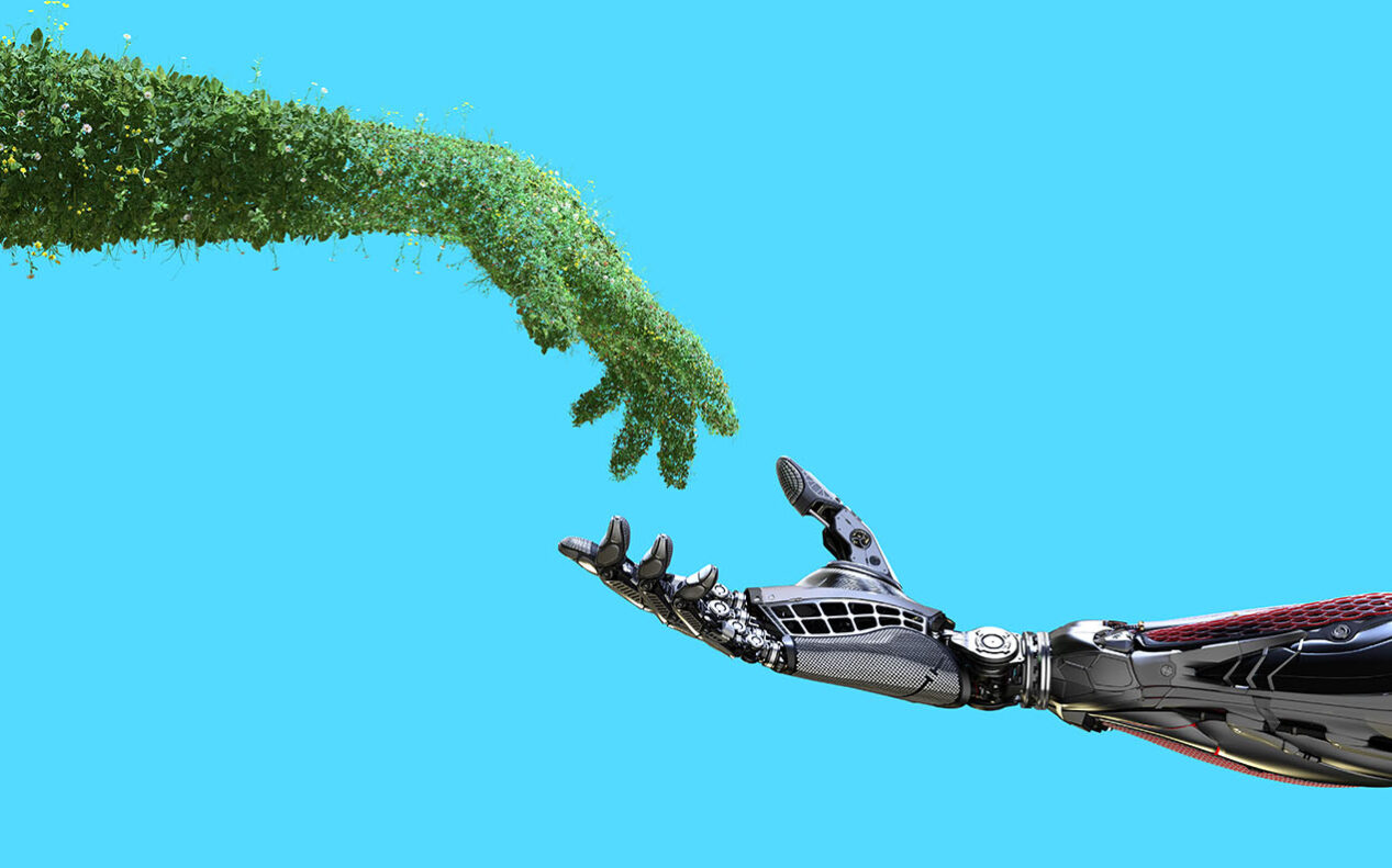 @Willyam/AdobeStock human arm covered with grass and lush and robotic hand on flat background
