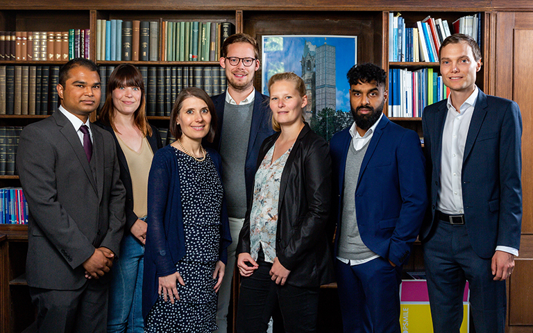 Team of the Chair Supply Chain and Operations Management, with from left to right: Mehedi Al-Zamy Sagar (Student Assistant), Cindy Lehmann (former Programme Manager), Astrid Tröster (Assistant), Florian Wissuwa (Research Assistant/PhD student), Marlene M. Hohn (Research Assistant/PhD student), Vijai Mani (Research Assistant/PhD student), Prof. Dr. Christian F. Durach (Chairholder)., Berlin campus, ESCP