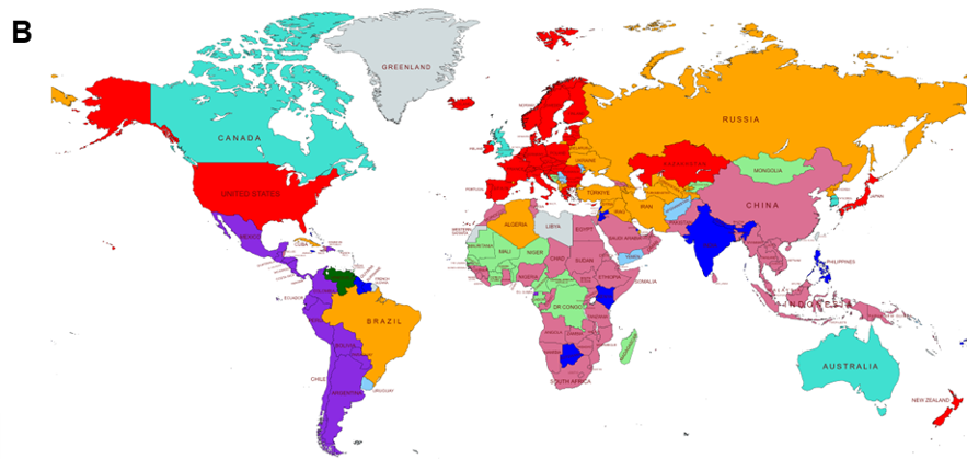 Map of nine clusters of parties to the Paris Agreement.